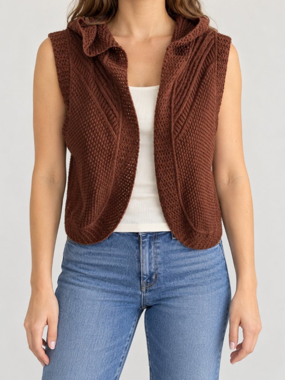 Faded Glory Brown Knitted Cardigan W Hood open front Hot Chocolate Brown